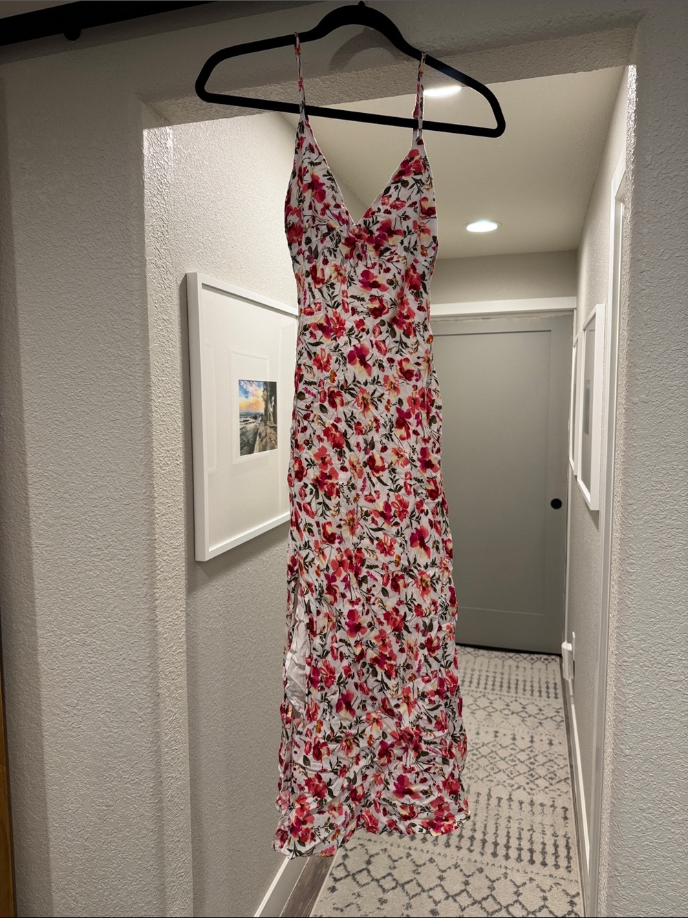 Floral Spaghetti-Strap Maxi Dress - White with Pink & Red Floral